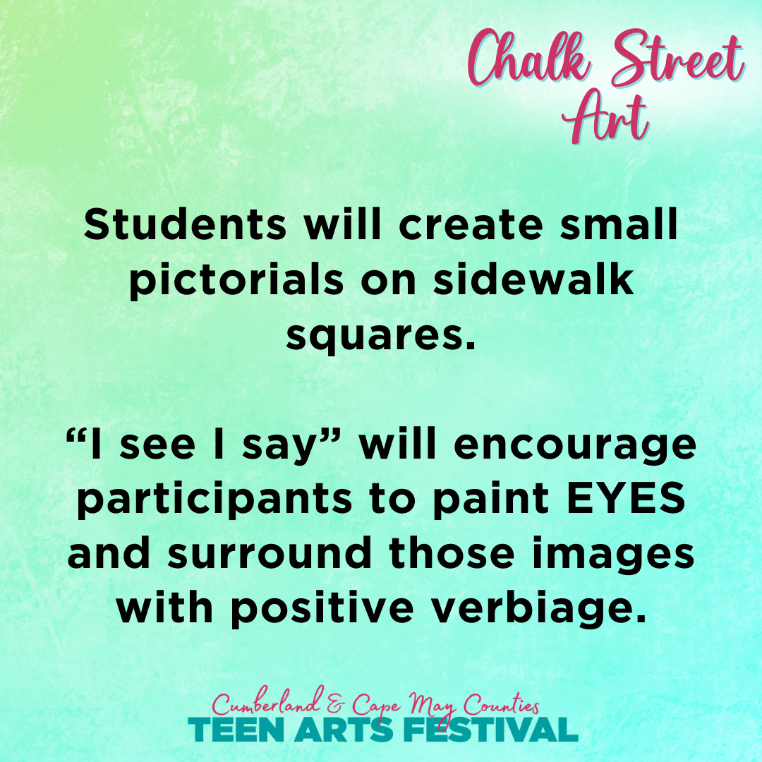 Students will create small pictorials on sidewalk squares. “I see I say” will encourage participants to paint EYES and surround those images with positive verbiage.