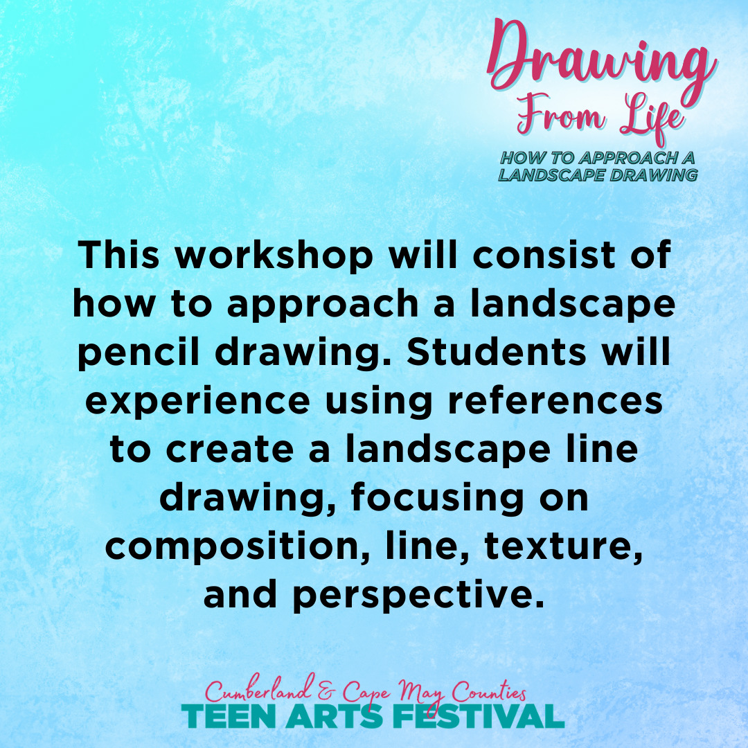 This workshop will consist of how to approach a landscape pencil drawing. Students will experience using references to create a landscape line drawing, focusing on composition, line, texture, and perspective.