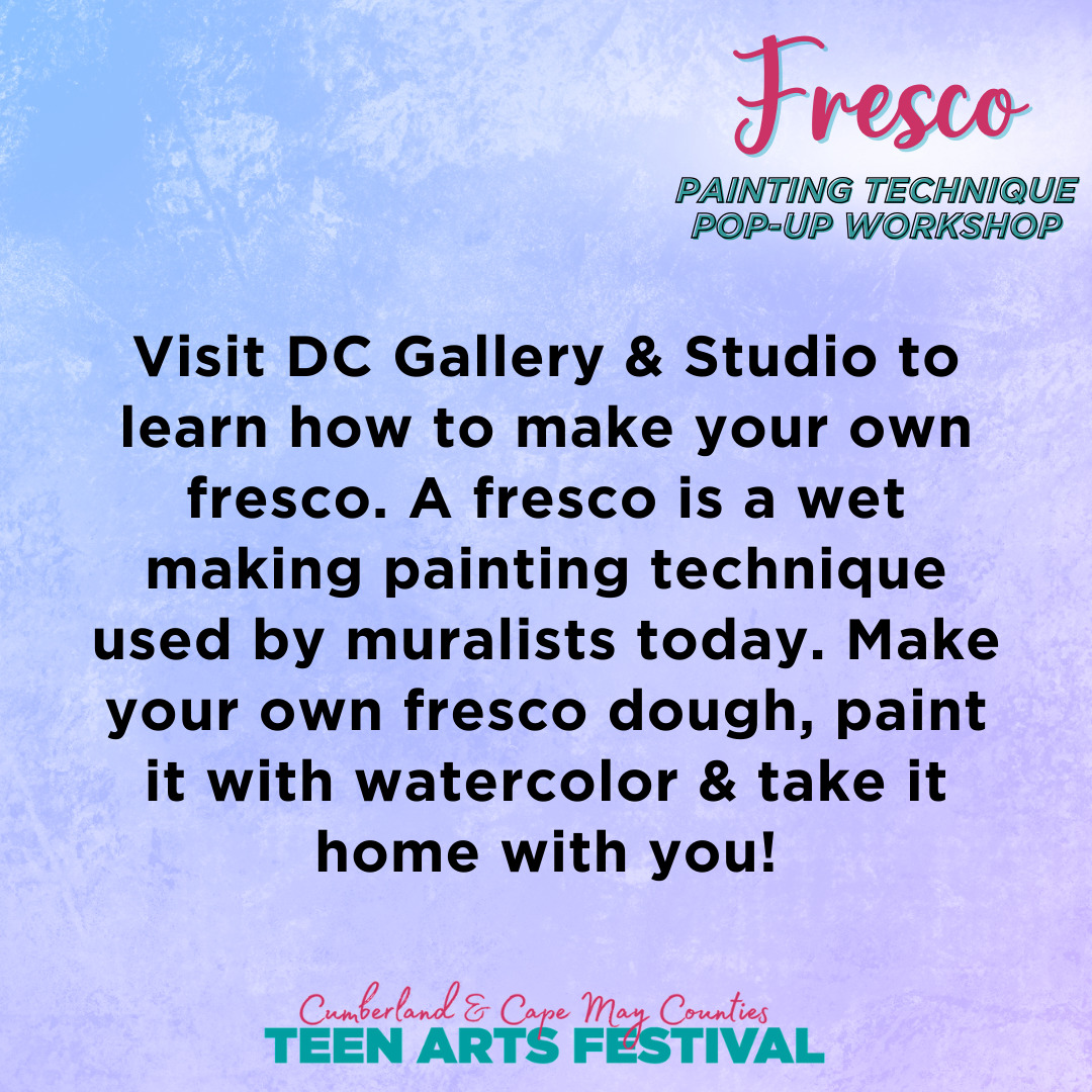 Visit DC Gallery & Studio to learn how to make your own fresco. A fresco is a wet making painting technique used by muralists today. Make your own fresco dough, paint it with watercolor & take it home with you!