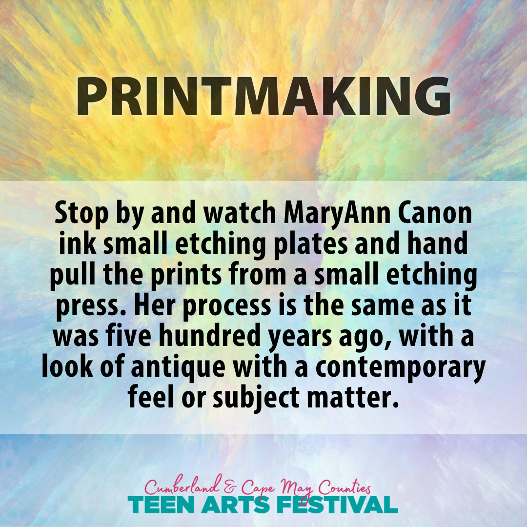 Stop by and watch MaryAnn Canon ink small etching plates and hand pull the prints from a small etching press. Her process is the same as it was five hundred years ago, with a look of antique with a contemporary feel or subject matter.